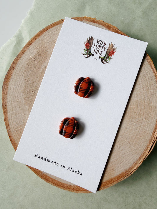 Mini Plaid Pumpkin Studs